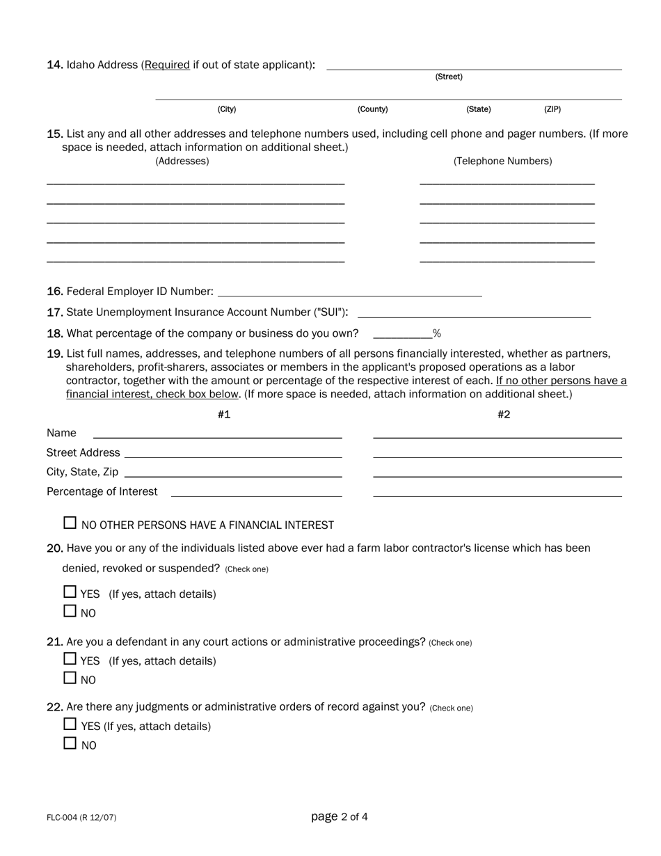 Form FLC-004 Farm Labor Contractors License Application - Idaho, Page 2