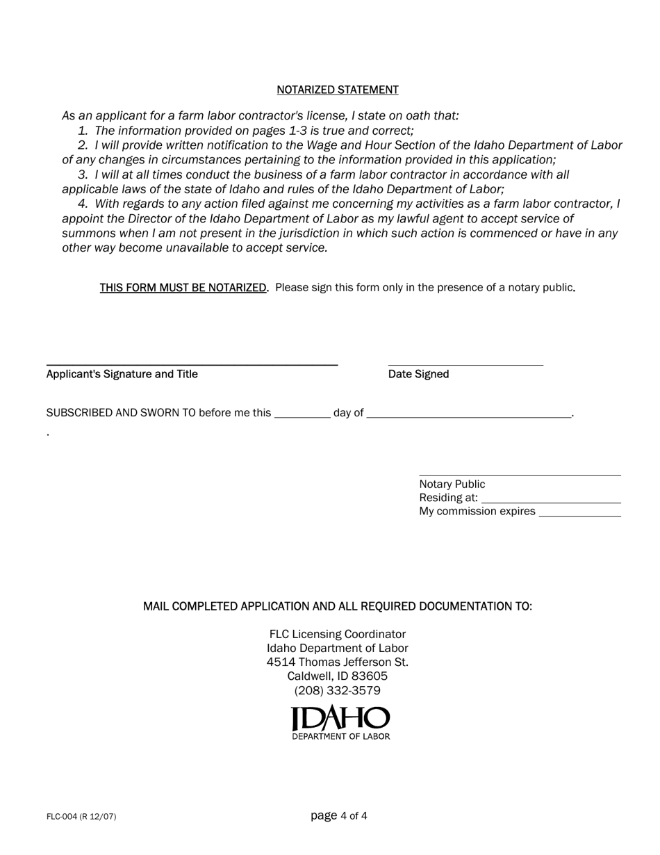 Form FLC-004 Farm Labor Contractors License Application - Idaho, Page 4
