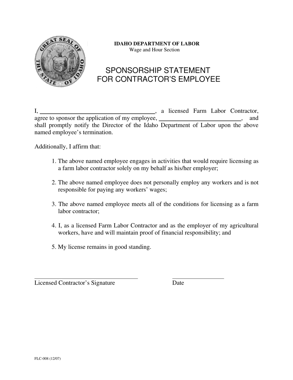 Form FLC-008 Sponsorship Statement for Contractors Employee - Idaho, Page 1