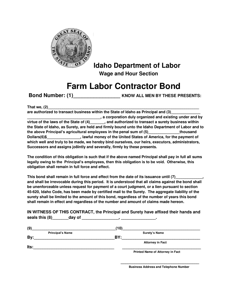 Form FLC-013 Farm Labor Contractor Bond - Idaho, Page 1