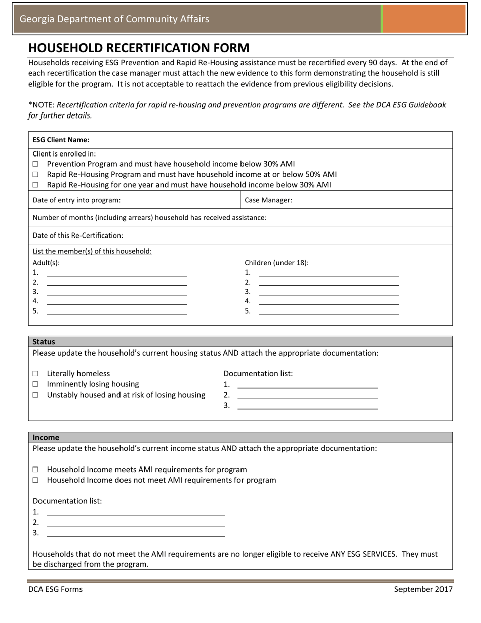 Household Recertification Form - Georgia (United States), Page 1