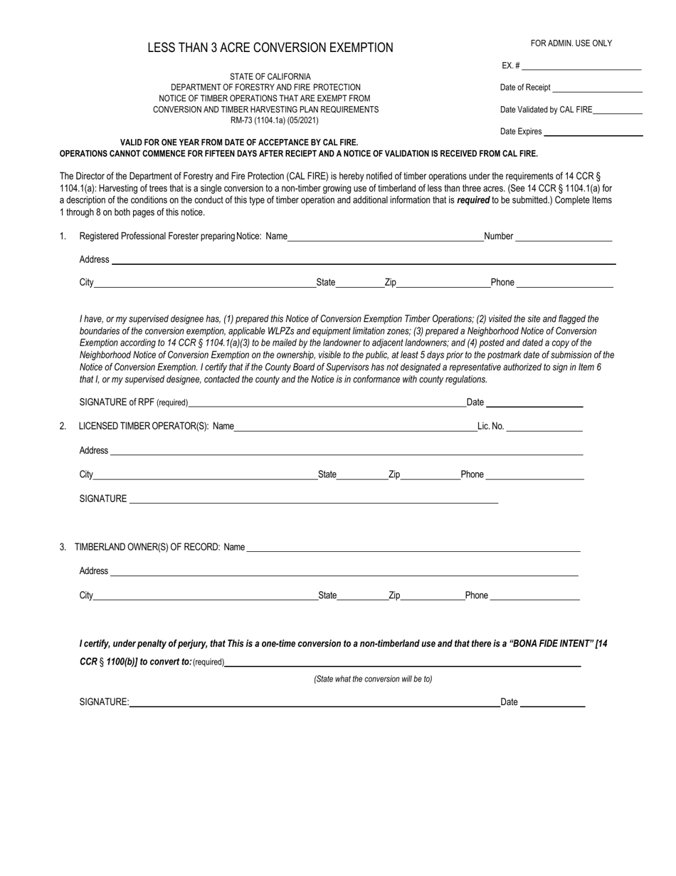 Form RM-73 (1104.1A) Less Than 3 Acre Conversion Exemption - California, Page 1