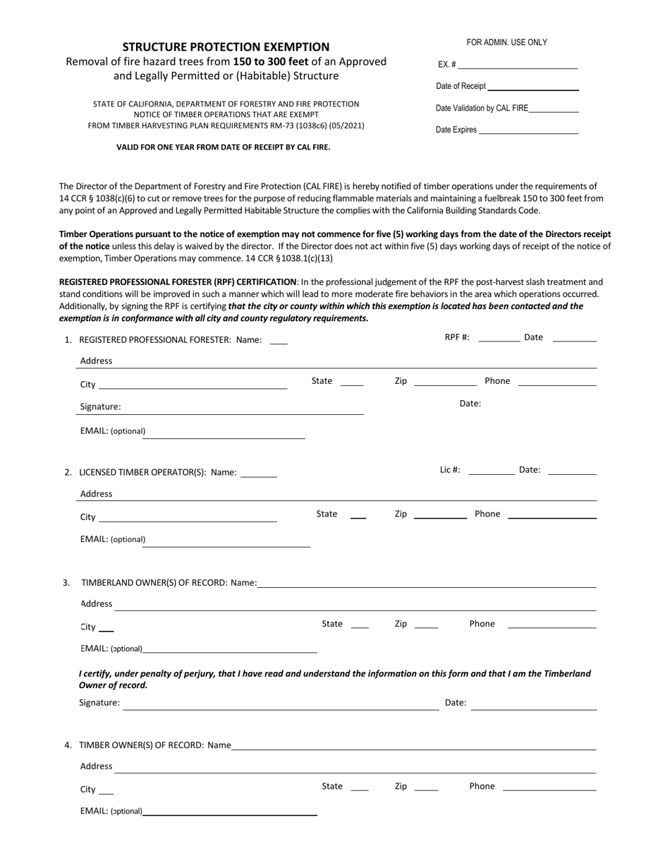 Form RM-73 (1038C6) Structure Protection Exemption - Removal of Fire Hazard Trees From 150 to 300 Feet of an Approved and Legally Permitted or (Habitable) Structure - California, Page 1
