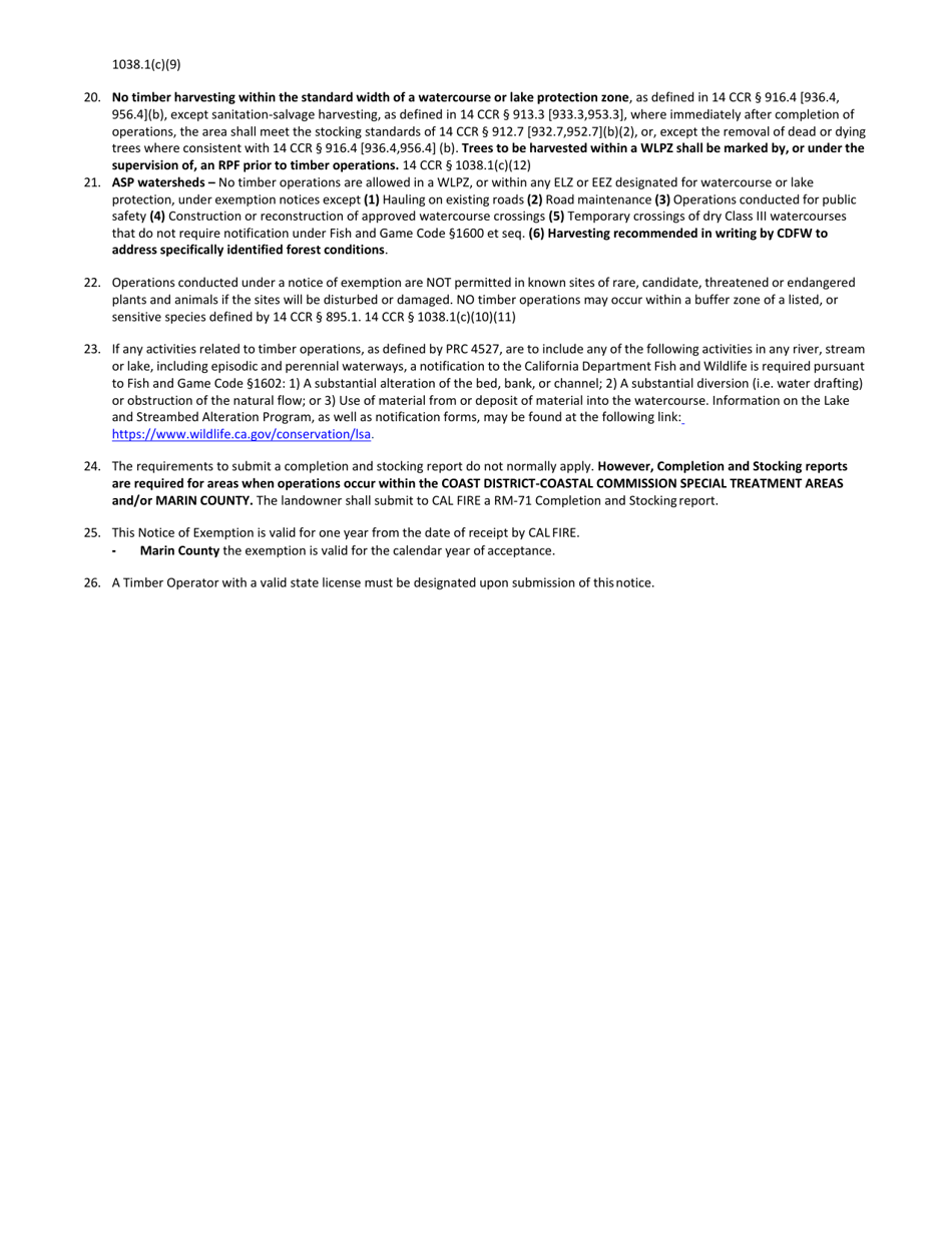Form RM-73 (1038C6) Structure Protection Exemption - Removal of Fire Hazard Trees From 150 to 300 Feet of an Approved and Legally Permitted or (Habitable) Structure - California, Page 5
