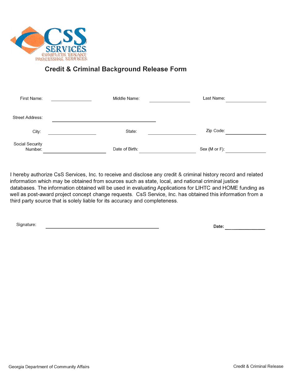 Credit  Criminal Background Release Form - Georgia (United States), Page 1