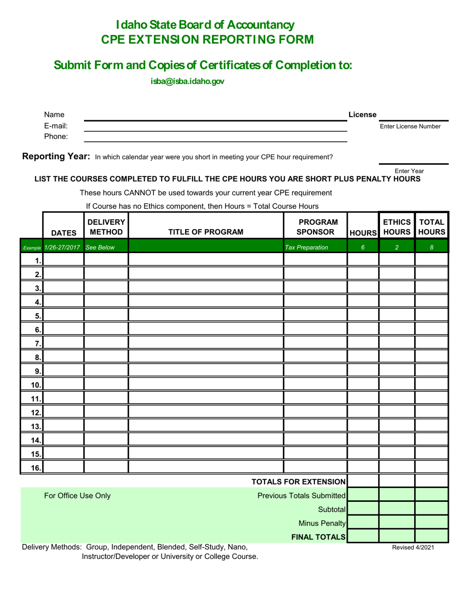 Cpe Extension Reporting Form - Idaho, Page 1