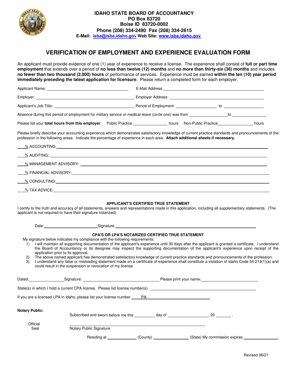 Verification of Employment and Experience Evaluation Form - Idaho, Page 1
