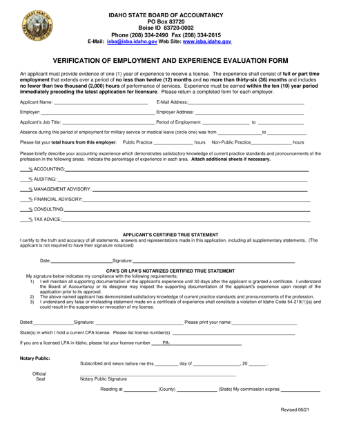 Verification of Employment and Experience Evaluation Form - Idaho Download Pdf