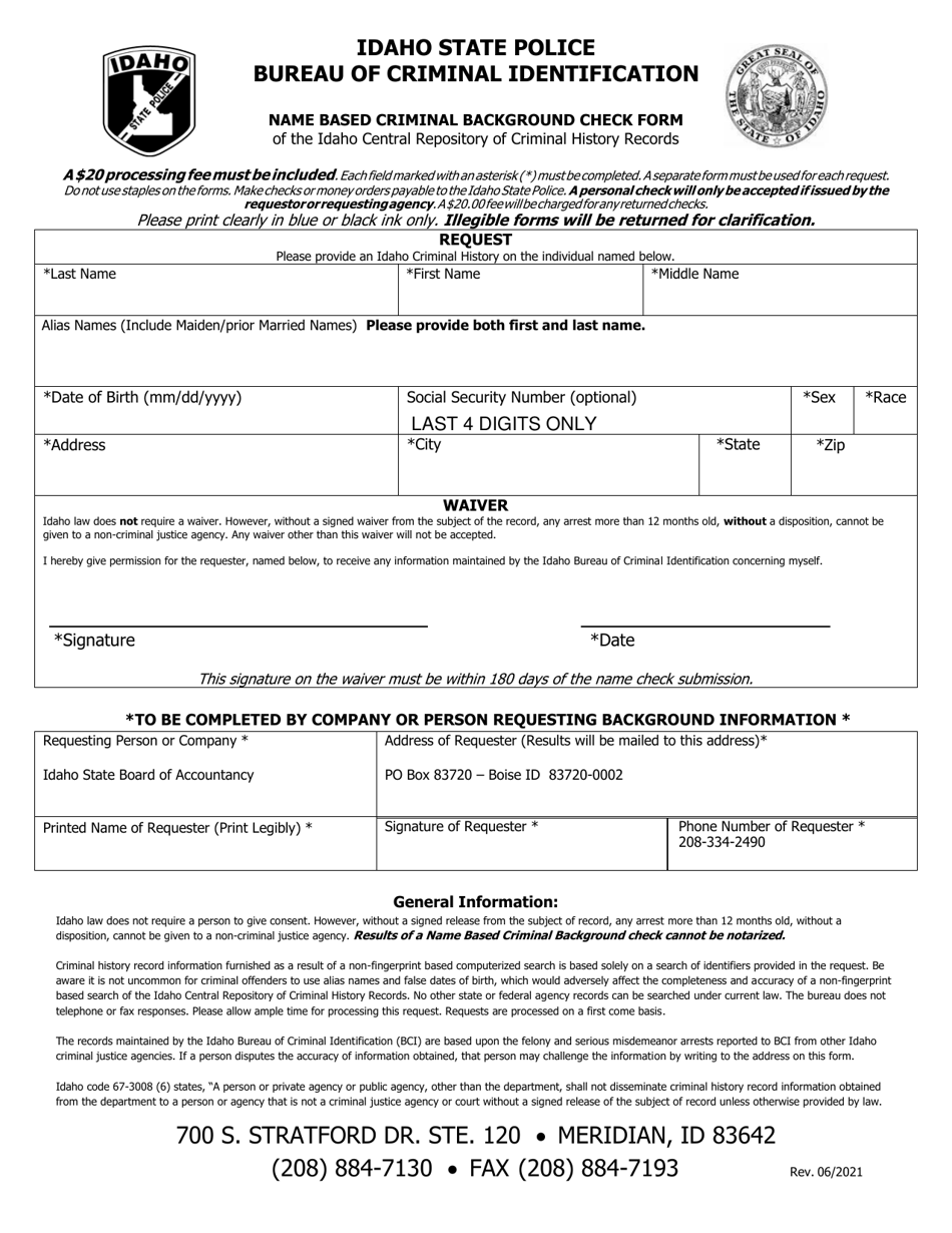 Name Based Criminal Background Check Form - Idaho, Page 1