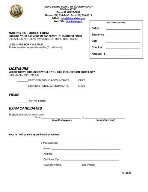 &quot;Mailing List Order Form&quot; - Idaho Download Pdf