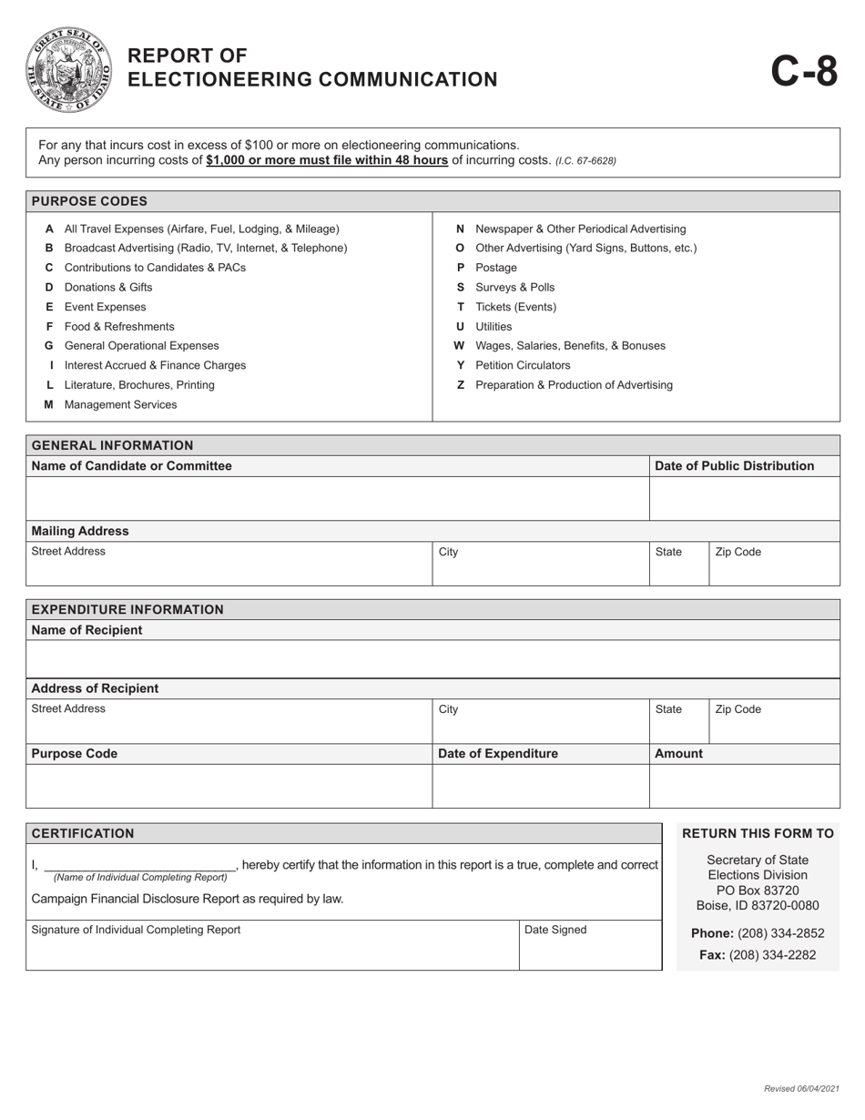 Form C-8 - Fill Out, Sign Online and Download Printable PDF, Idaho ...