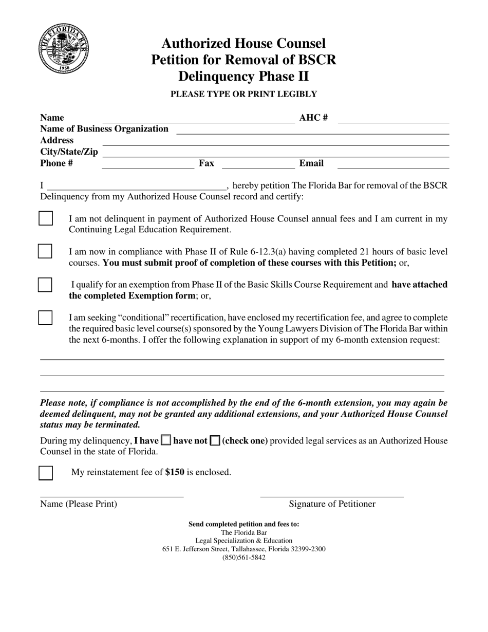 Authorized House Counsel Petition for Removal of Bscr Delinquency Phase Ii - Florida, Page 1