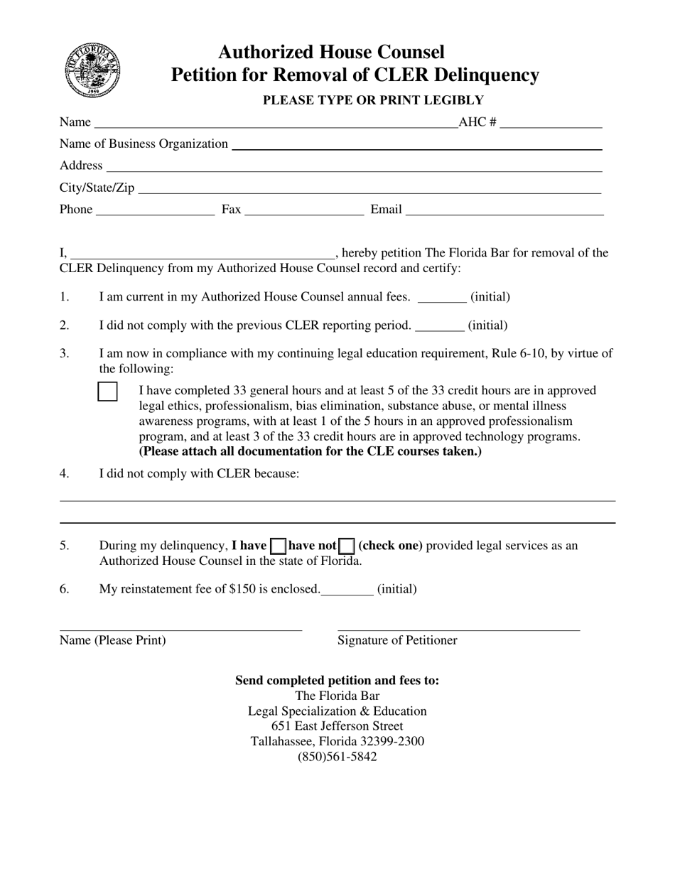 Authorized House Counsel Petition for Removal of Cler Delinquency - Florida, Page 1