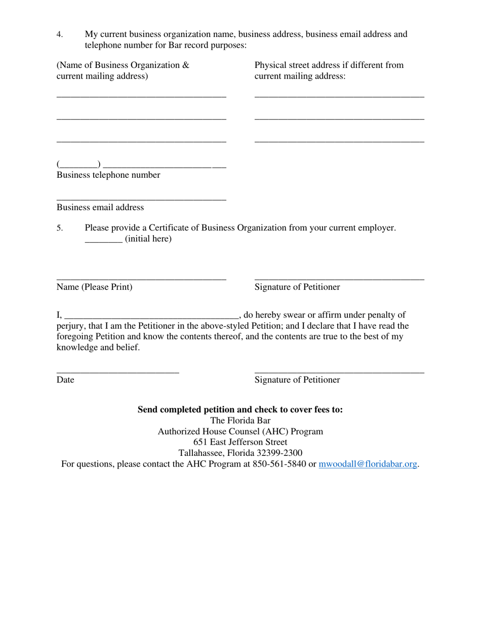 Authorized House Counsel Petition for Reinstatement Due to Annual Fees Noncompliance - Florida, Page 2