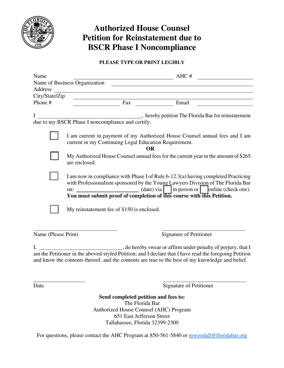 Authorized House Counsel Petition for Reinstatement Due to Bscr Phase I Noncompliance - Florida, Page 1