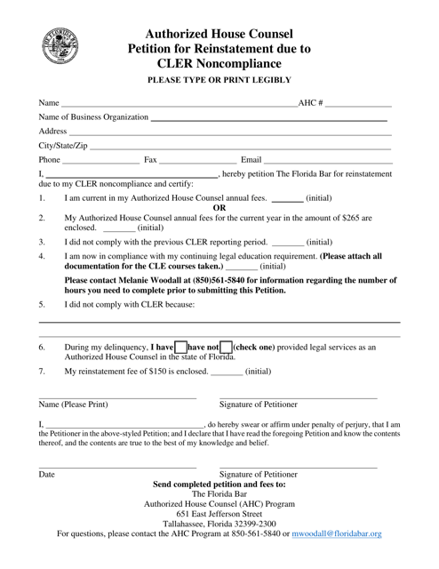Authorized House Counsel Petition for Reinstatement Due to Cler Noncompliance - Florida Download Pdf