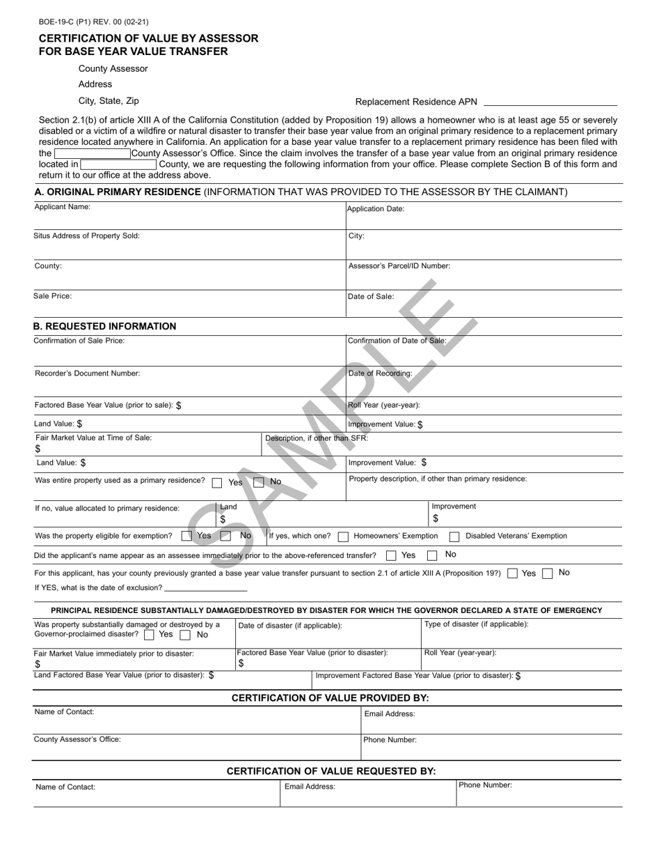 Form BOE-19-C Certification of Value by Assessor for Base Year Value Transfer - Sample - California, Page 1