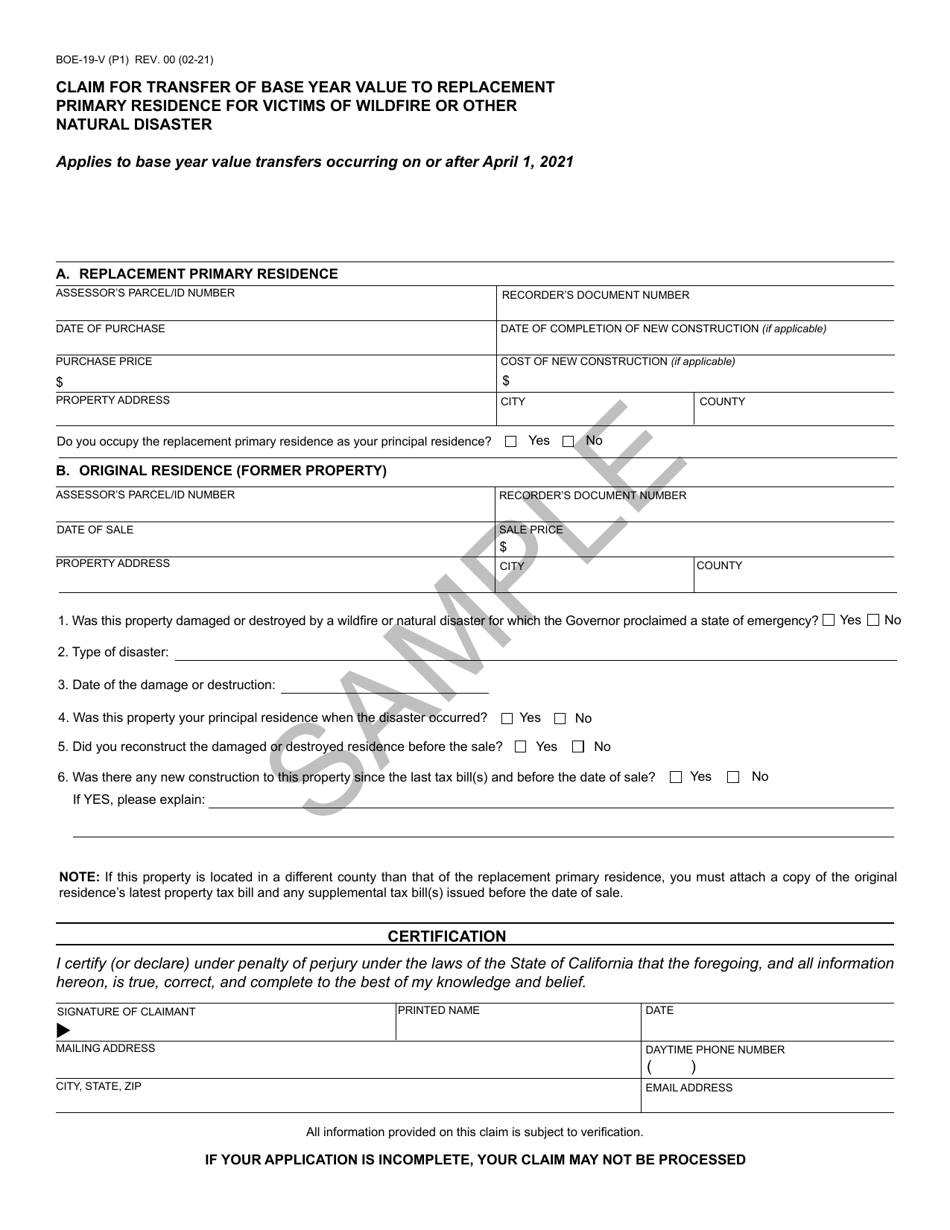 Form BOE-19-V Claim for Transfer of Base Year Value to Replacement Primary Residence for Victims of Wildfire or Other Natural Disaster - Sample - California, Page 1
