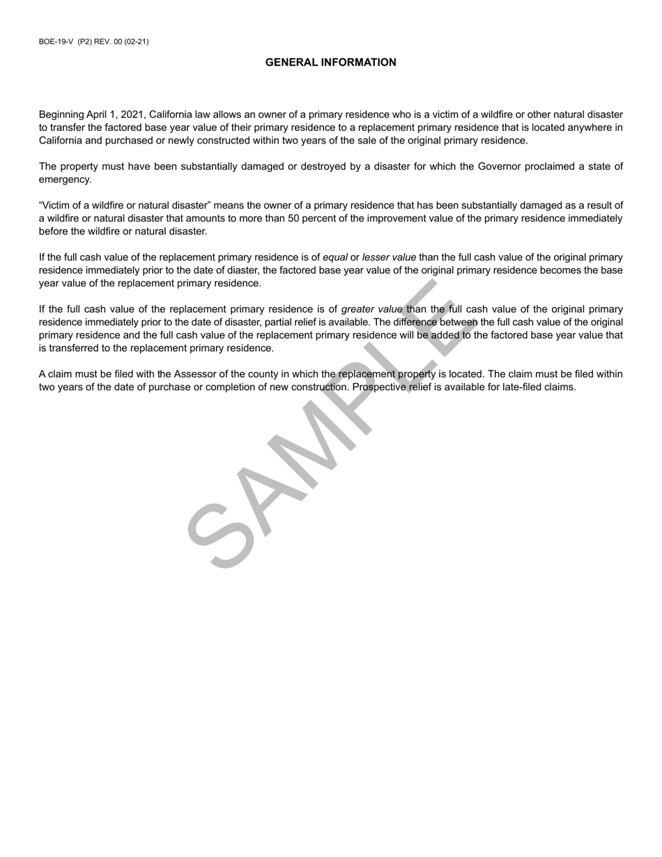 Form BOE-19-V Claim for Transfer of Base Year Value to Replacement Primary Residence for Victims of Wildfire or Other Natural Disaster - Sample - California, Page 2