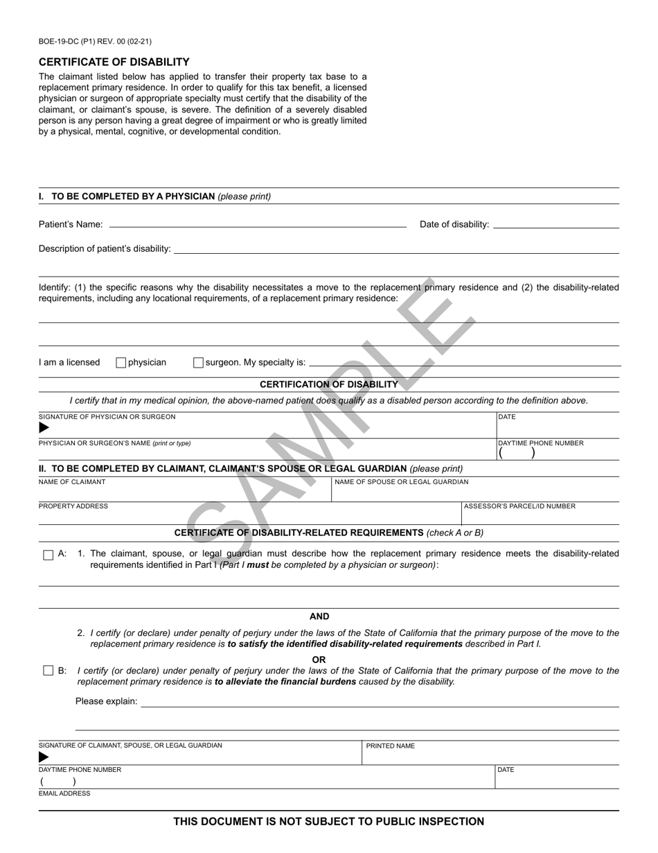 Form BOE-19-DC Certificate of Disability - Sample - California, Page 1