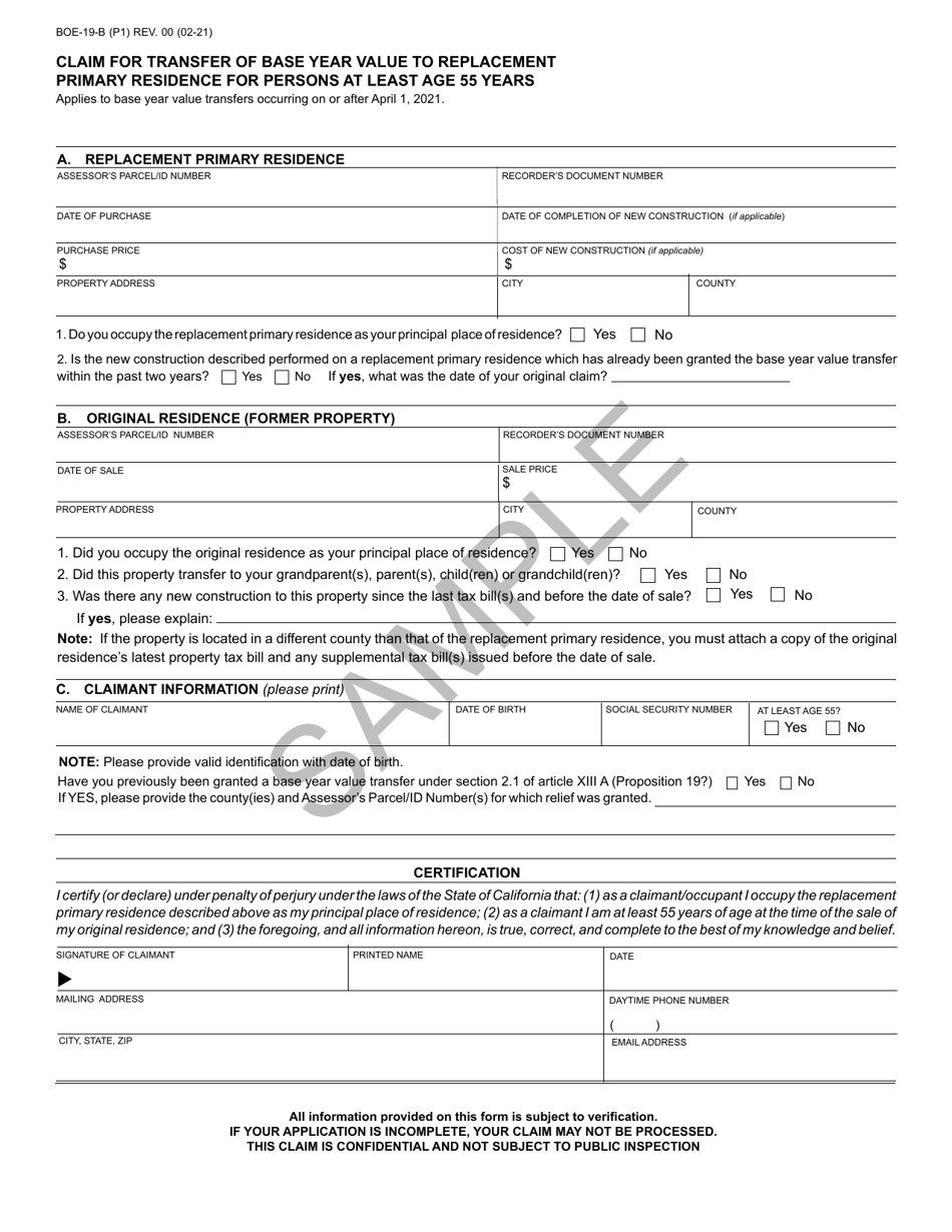 Form BOE-19-B Claim for Transfer of Base Year Value to Replacement Primary Residence for Persons at Least Age 55 Years - Sample - California, Page 1