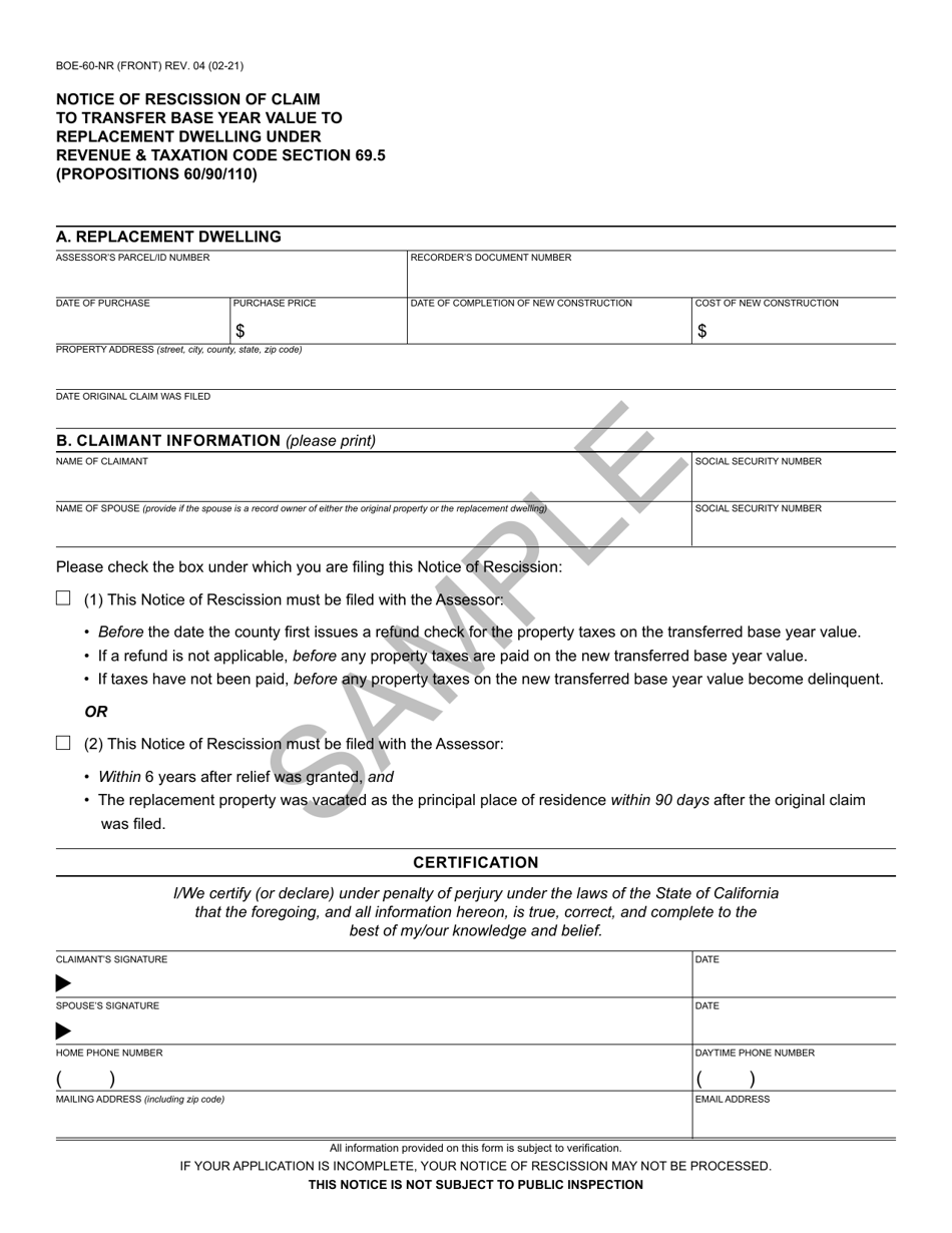 Form BOE-60-NR Notice of Rescission of Claim to Transfer Base Year Value to Replacement Dwelling Under Revenue  Taxation Code Section 69.5 (Propositions 60 / 90 / 110) - Sample - California, Page 1