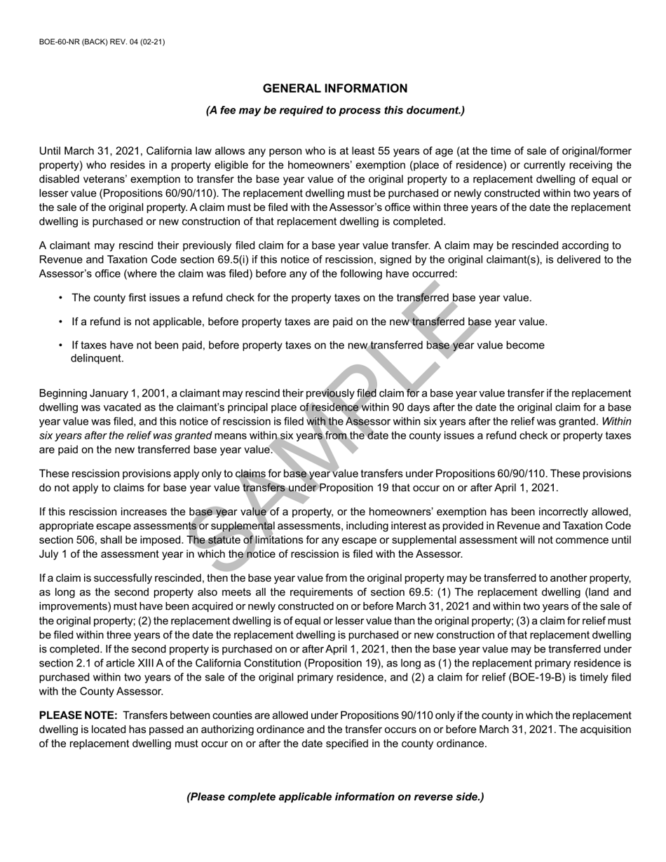 Form BOE-60-NR Notice of Rescission of Claim to Transfer Base Year Value to Replacement Dwelling Under Revenue  Taxation Code Section 69.5 (Propositions 60 / 90 / 110) - Sample - California, Page 2