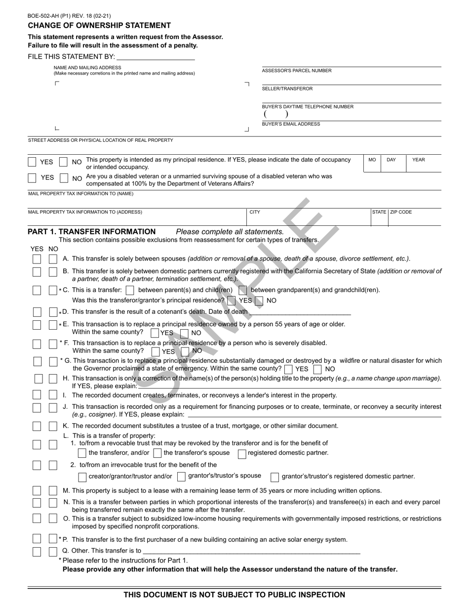 Form BOE-502-AH Change of Ownership Statement - Sample - California, Page 1