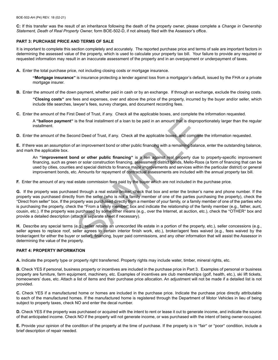 Form BOE-502-AH Change of Ownership Statement - Sample - California, Page 4