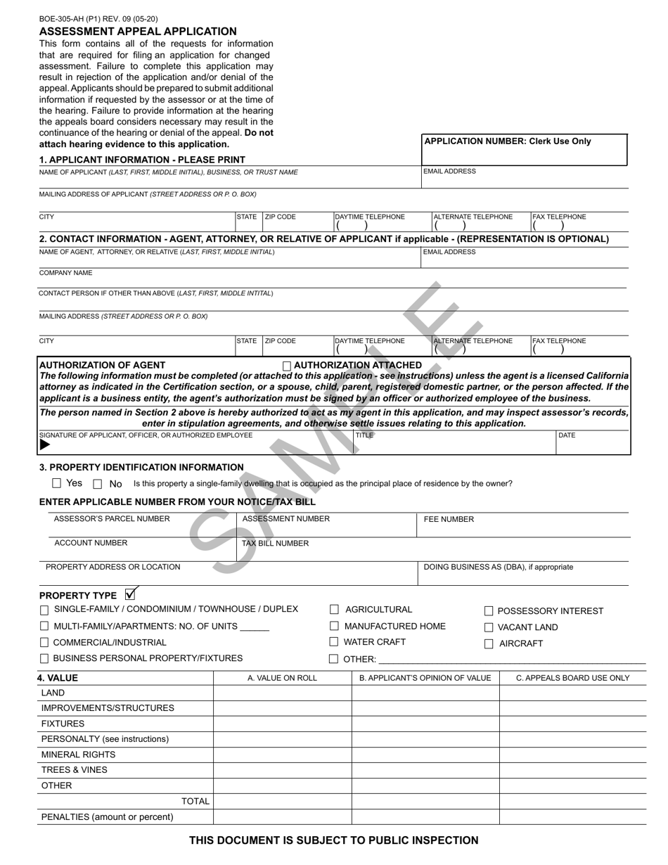Form BOE-305-AH Assessment Appeal Application - Sample - California, Page 1