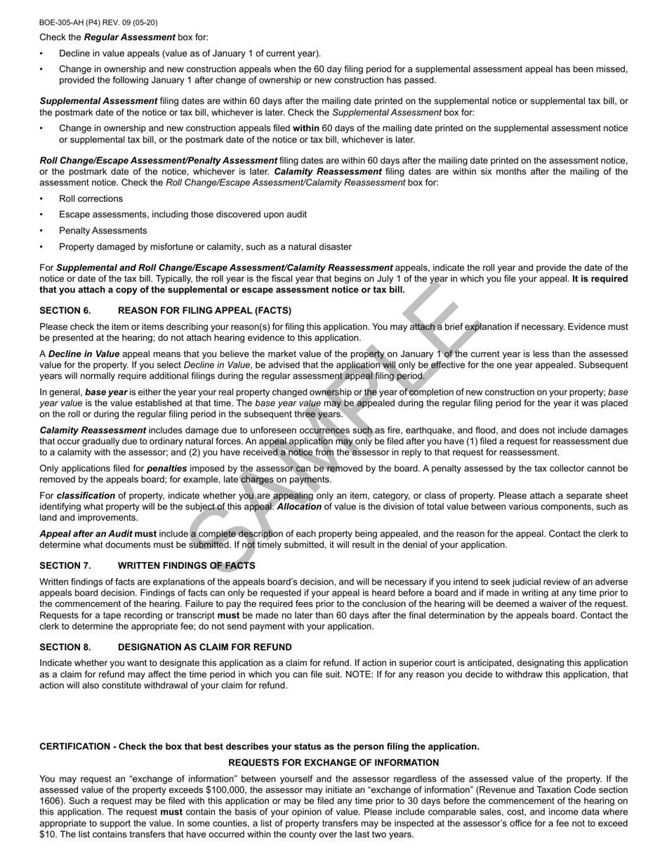 Form BOE-305-AH Assessment Appeal Application - Sample - California, Page 4