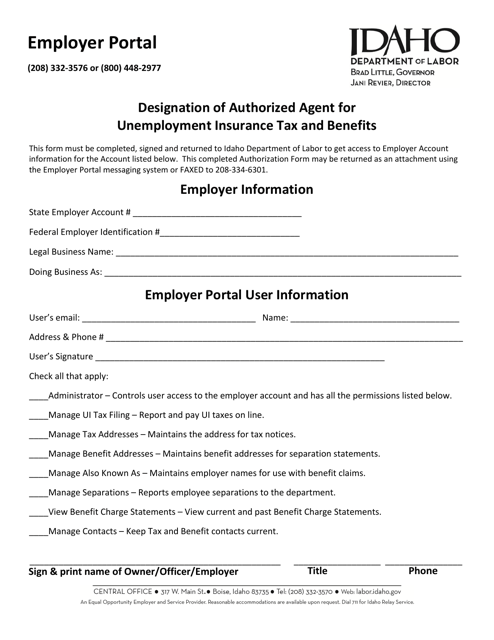 Designation of Authorized Agent for Unemployment Insurance Tax and Benefits - Idaho