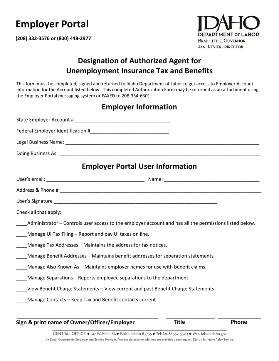 Designation of Authorized Agent for Unemployment Insurance Tax and Benefits - Idaho, Page 1