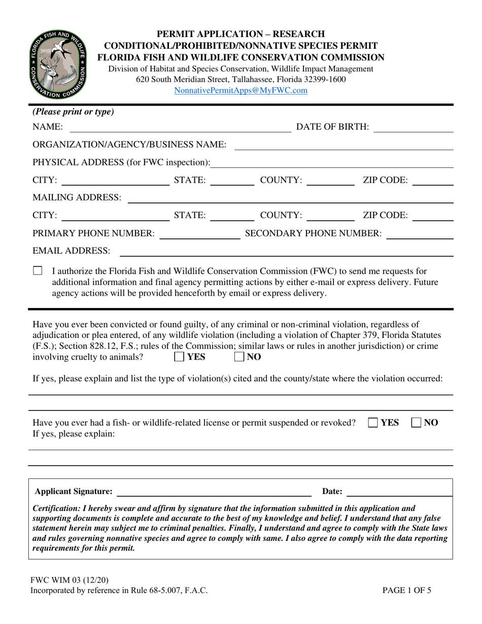 Form FWC WIM03 Permit Application - Research Conditional / Prohibited / Nonnative Species Permit - Florida, Page 1