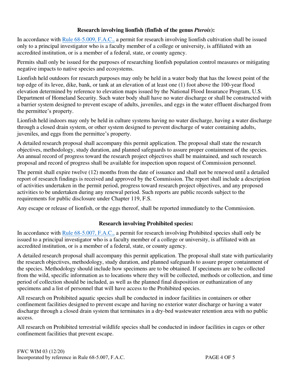 Form FWC WIM03 Permit Application - Research Conditional / Prohibited / Nonnative Species Permit - Florida, Page 4