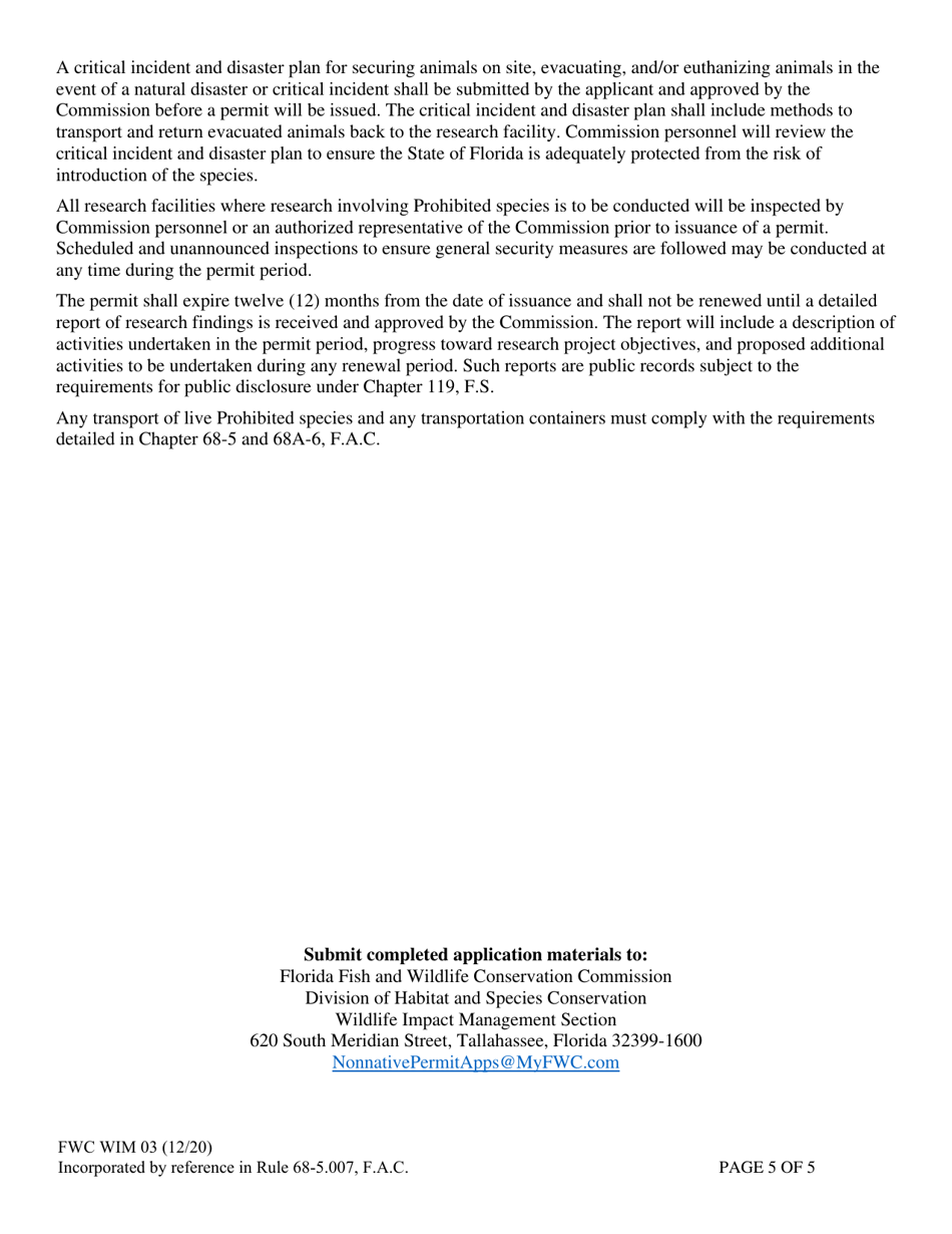 Form FWC WIM03 Permit Application - Research Conditional / Prohibited / Nonnative Species Permit - Florida, Page 5