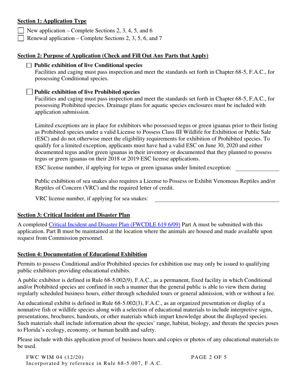 Form FWC WIM04 Permit Application - Public Exhibition of Conditional and / or Prohibited Species Conditional / Prohibited / Nonnative Species Permit - Florida, Page 2