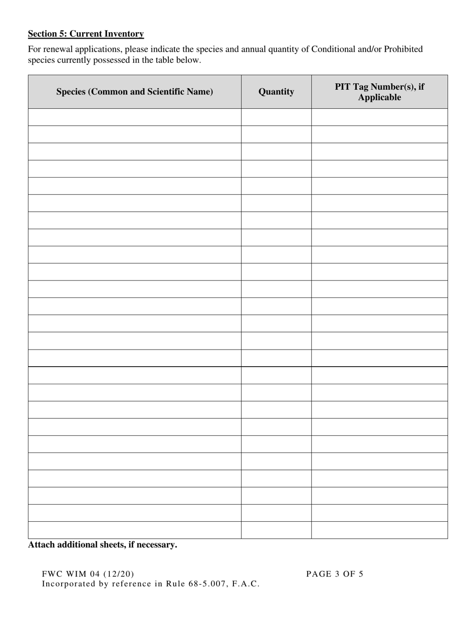 Form FWC WIM04 Permit Application - Public Exhibition of Conditional and / or Prohibited Species Conditional / Prohibited / Nonnative Species Permit - Florida, Page 3