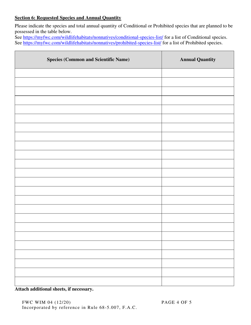 Form FWC WIM04 Permit Application - Public Exhibition of Conditional and / or Prohibited Species Conditional / Prohibited / Nonnative Species Permit - Florida, Page 4