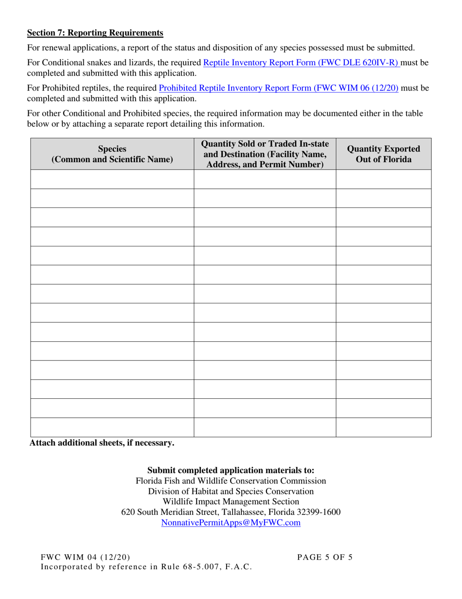 Form FWC WIM04 Permit Application - Public Exhibition of Conditional and / or Prohibited Species Conditional / Prohibited / Nonnative Species Permit - Florida, Page 5