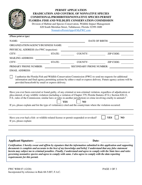 Form FWC WIM07 Permit Application - Eradication and Control of Nonnative Species Conditional/Prohibited/Nonnative Species Permit - Florida