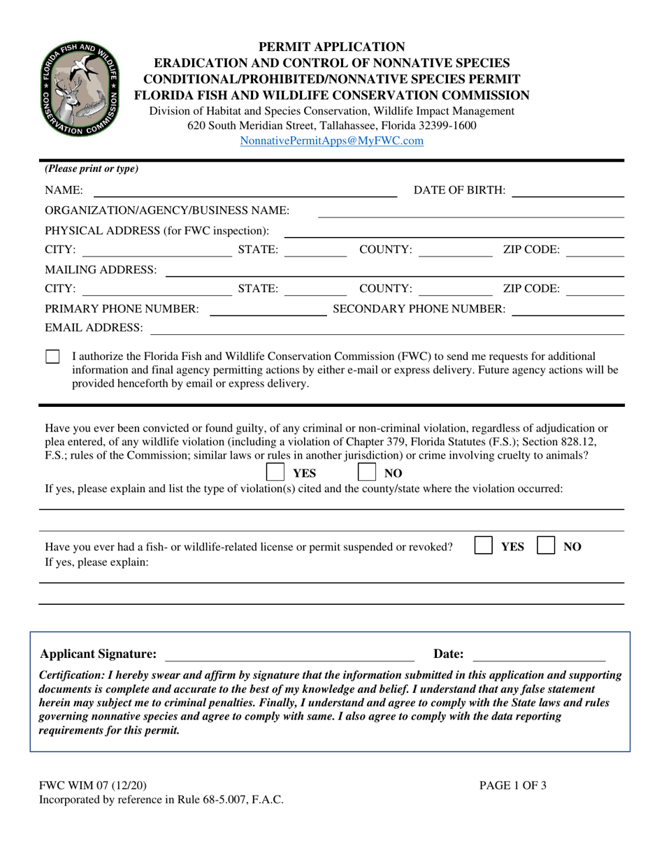 Form FWC WIM07 Permit Application - Eradication and Control of Nonnative Species Conditional / Prohibited / Nonnative Species Permit - Florida, Page 1