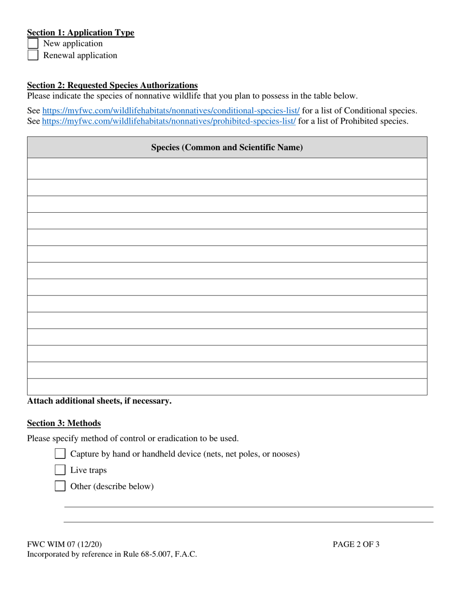 Form FWC WIM07 Permit Application - Eradication and Control of Nonnative Species Conditional / Prohibited / Nonnative Species Permit - Florida, Page 2