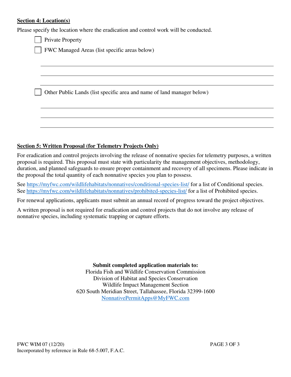Form FWC WIM07 Permit Application - Eradication and Control of Nonnative Species Conditional / Prohibited / Nonnative Species Permit - Florida, Page 3