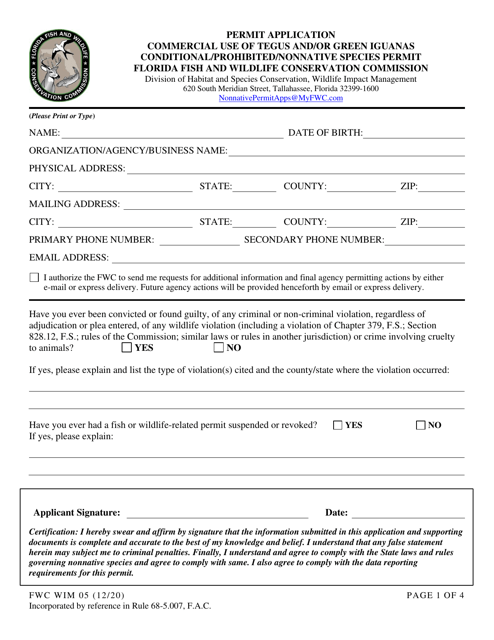 Form FWC WIM05 Permit Application - Commercial Use of Tegus and/or Green Iguanas Conditional/Prohibited/Nonnative Species Permit - Florida