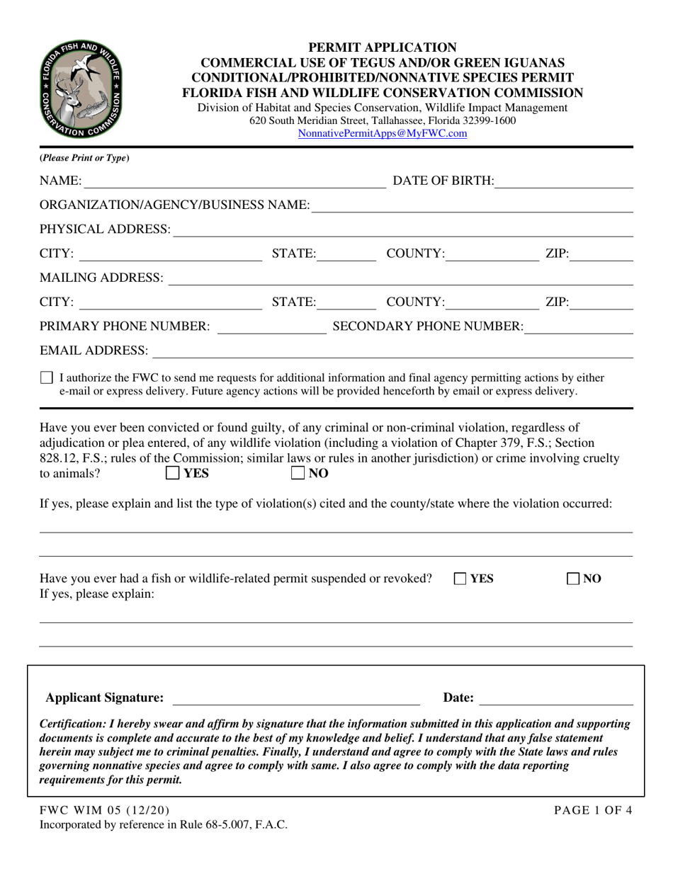 Form FWC WIM05 Permit Application - Commercial Use of Tegus and/or Green Iguanas Conditional/Prohibited/Nonnative Species Permit - Florida, Page 1