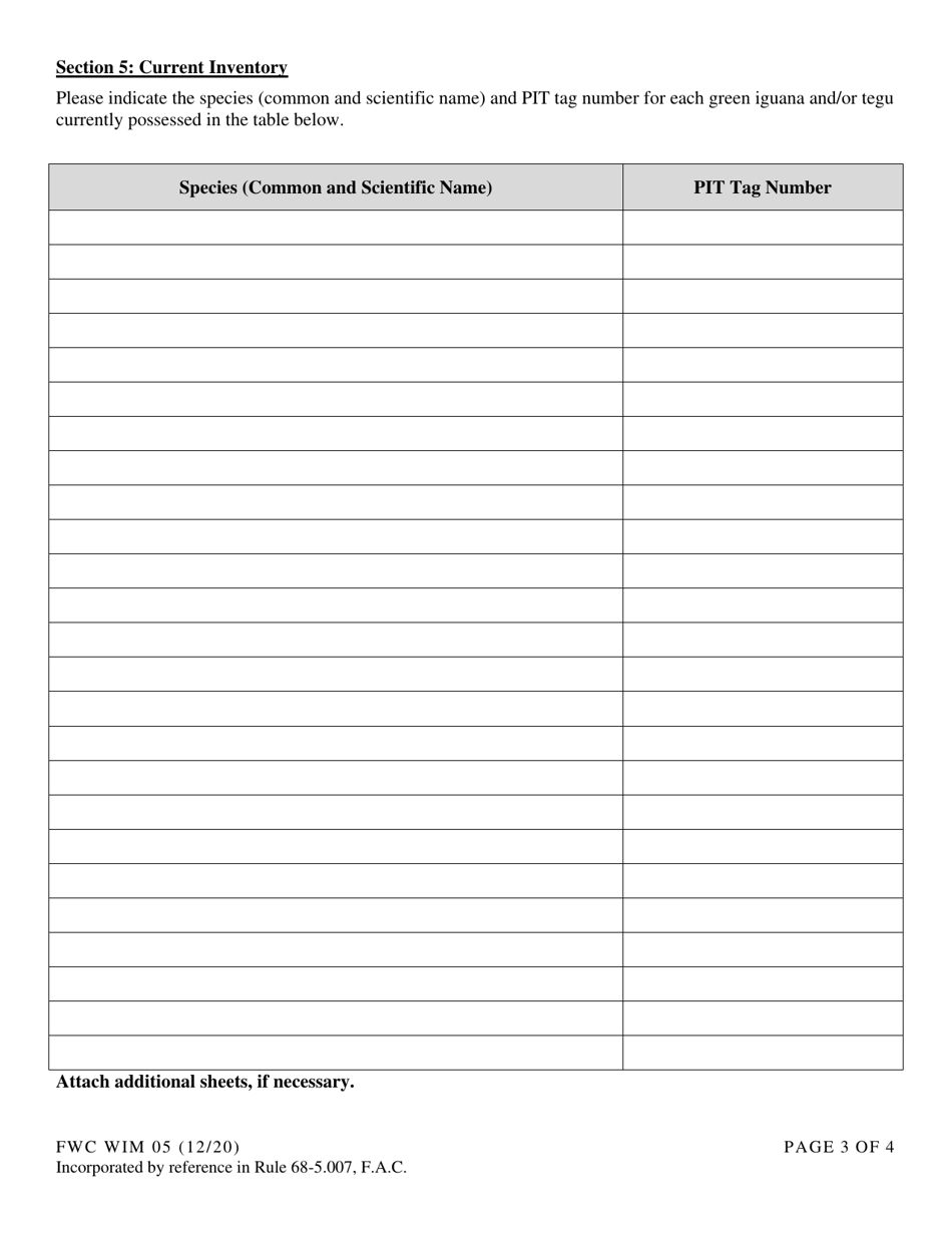 Form FWC WIM05 Permit Application - Commercial Use of Tegus and / or Green Iguanas Conditional / Prohibited / Nonnative Species Permit - Florida, Page 3