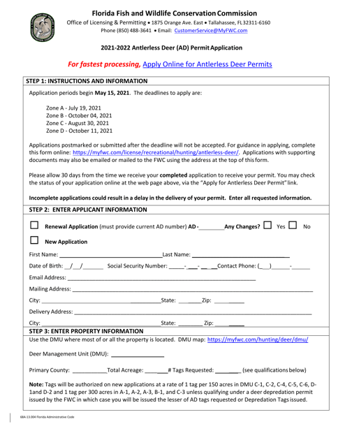 Antlerless Deer (Ad) Permit Application - Florida, 2022