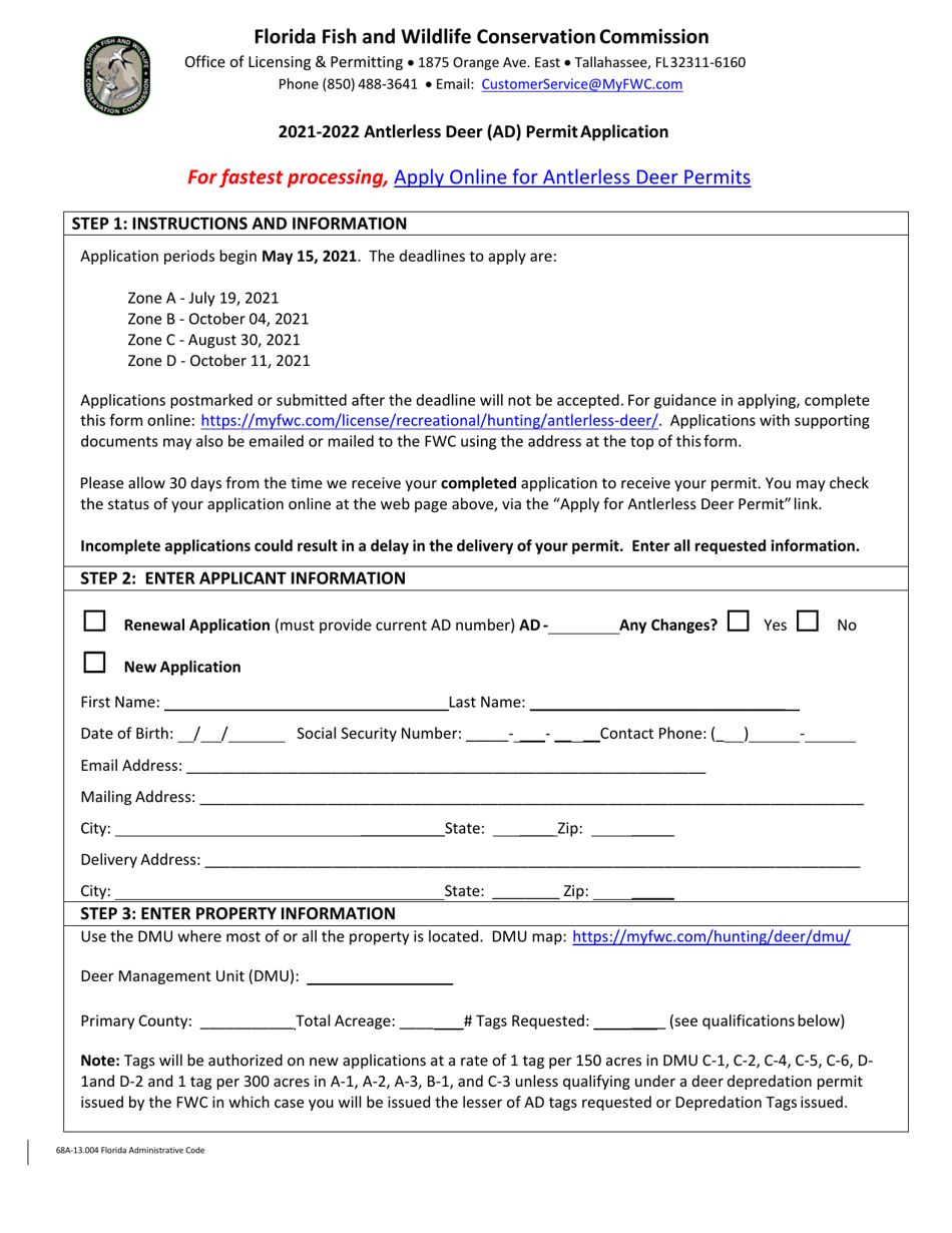 Antlerless Deer (Ad) Permit Application - Florida, Page 1