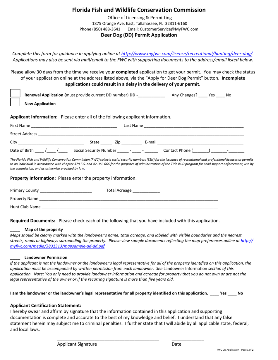 Florida Deer Dog (DD) Permit Application Fill Out, Sign Online and